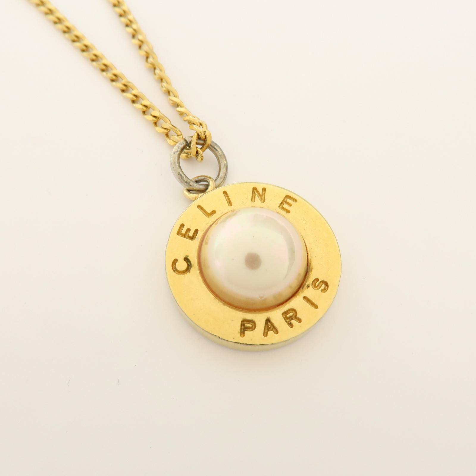 CELINE Gold Plated Imitation Pearl Necklace Gold Authentic Used F/S