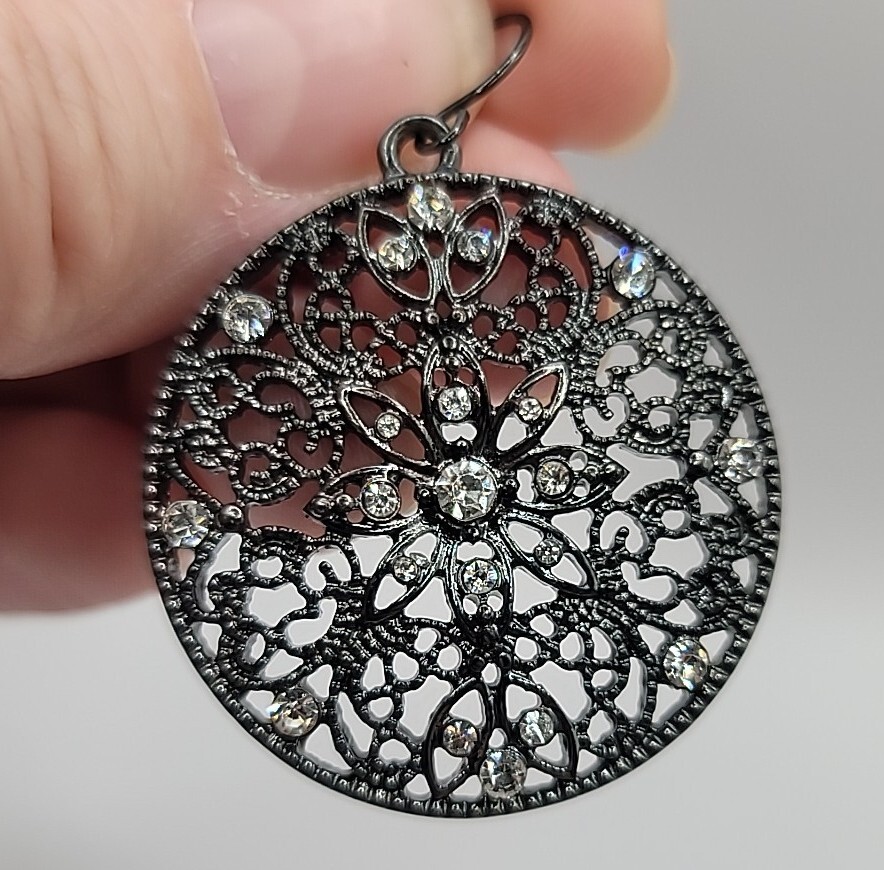 Round Filigree Open Work Gun Metal Grey Rhinestone Pierced Dangle Earrings