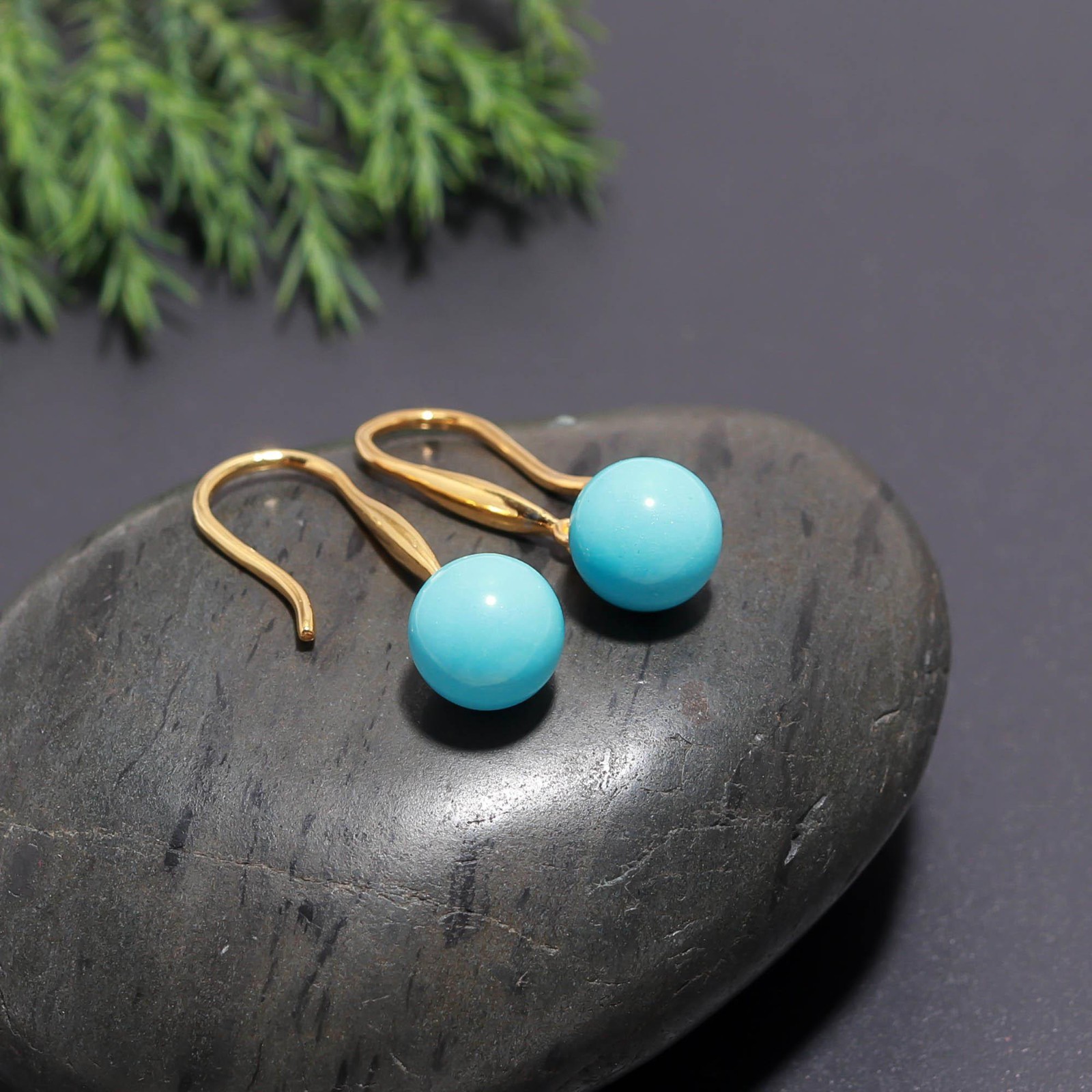 Natural Turquoise Ball Dangle Earrings Gold Plated 925 Sterling Silver Jewelry