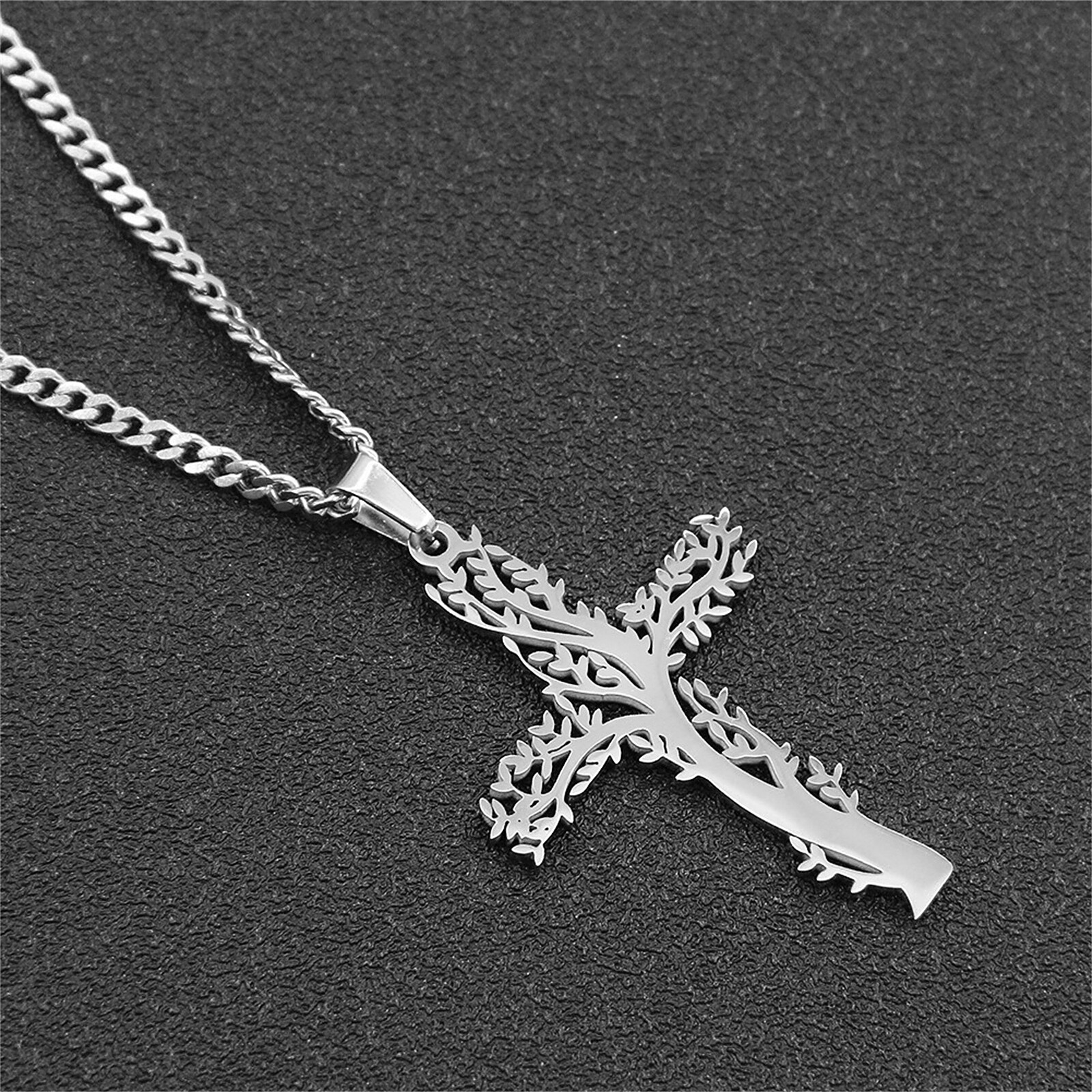 Religious Cross Tree of Life Stainless Steel Talisman Pendant Necklace Men Women