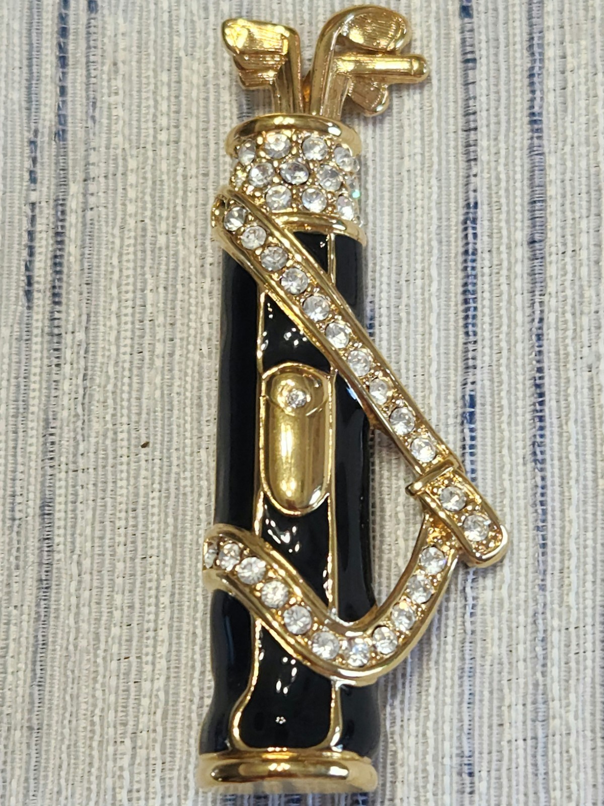 SWAROVSKI Golf Bag Brooch Gold Tone Black Enamel Clear Crystal Rhinestones