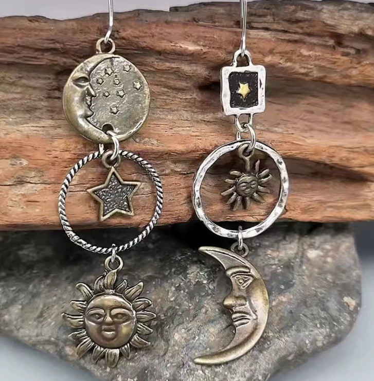 Sun Moon & Stars Dangle / Drop Boutique Style Earrings, Asymmetrical Mixed Metal