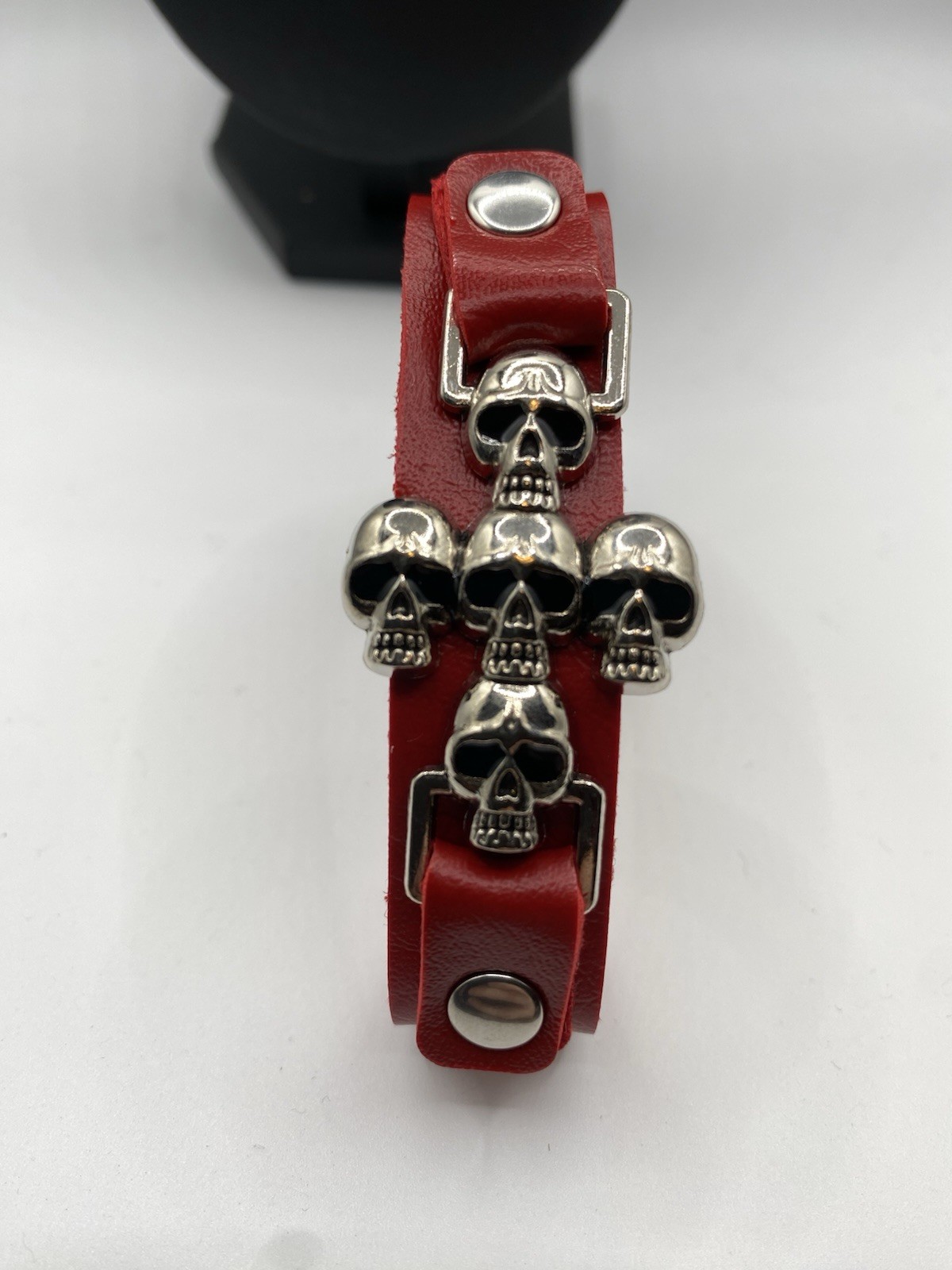 Silver Skull Bracelet Red Leather Strap Goth Punk Alternative Jewelry