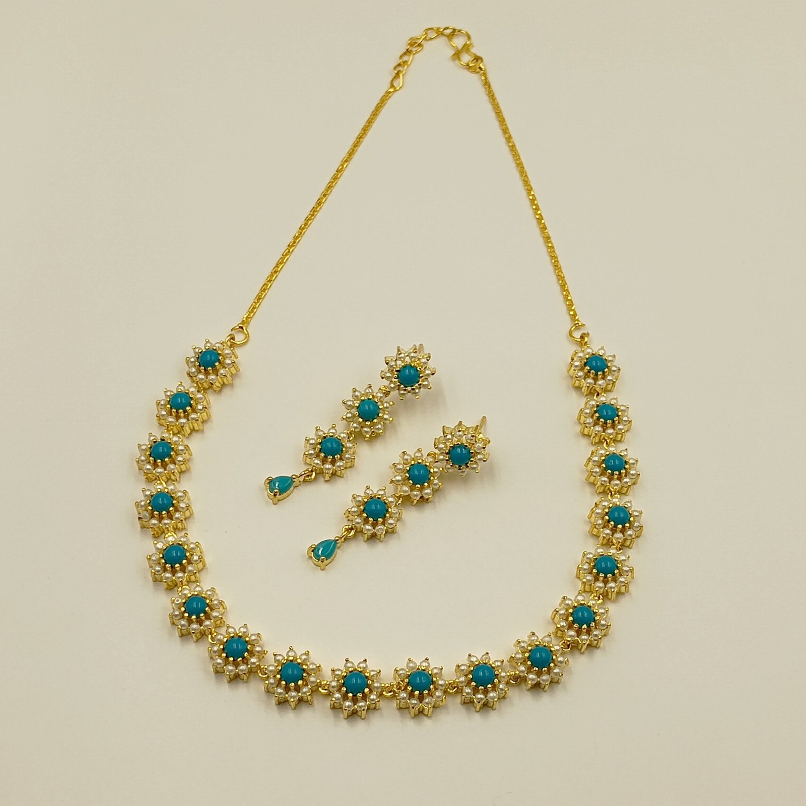 Bohemian Turquoise Pearl Necklace Set 22k Gold Plated Wedding Party Jewelry Gift