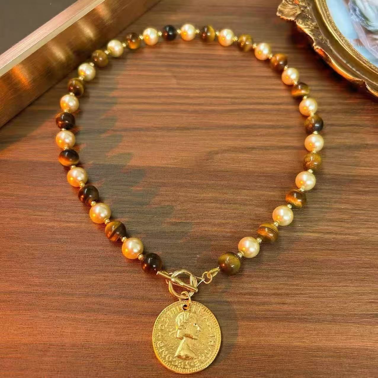 Tiger Eye Pearl Beaded Necklaces Stack Vintage Style Gold Coin Pendant Jewelry