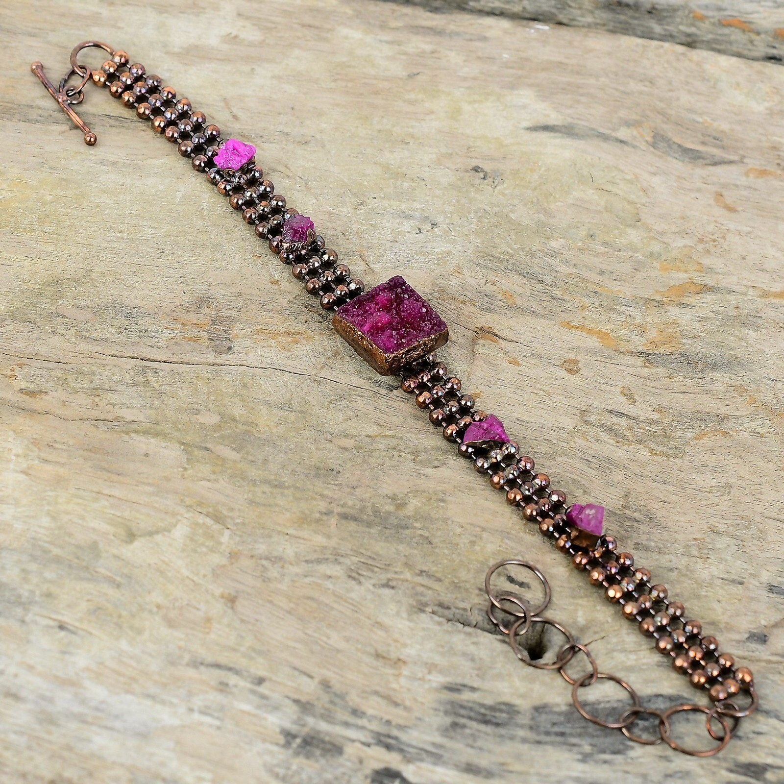 Pink Druzy Copper Valentine Gift Electroformed Chain Adjustable Bracelet 6.0″