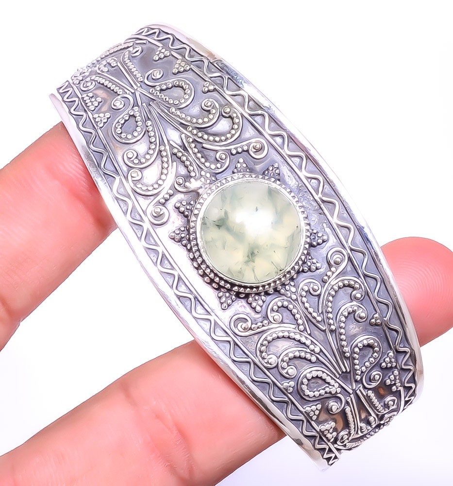 Prehnite Gemstone 925 Sterling Silver Jewelry Cuff Adst., Christmas Gift C7879-1
