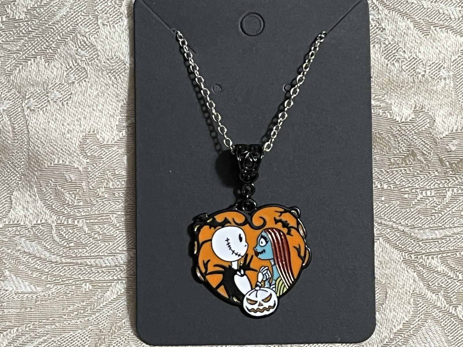 Jack Pumpkin Skeleton Zero Sally Nightmare Halloween Charm Silver Necklace 18”
