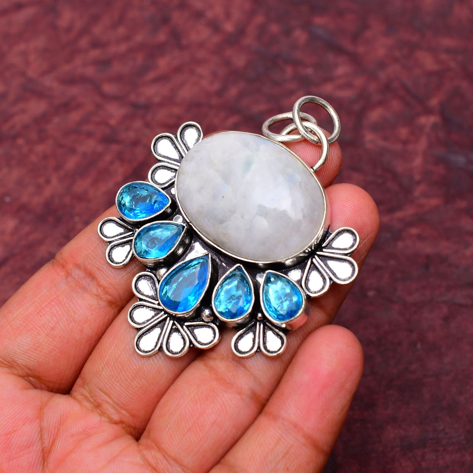 Moonstone (Lab-Created)Gemstone 925 Sterling Silver Pendant Approx – 2.16″