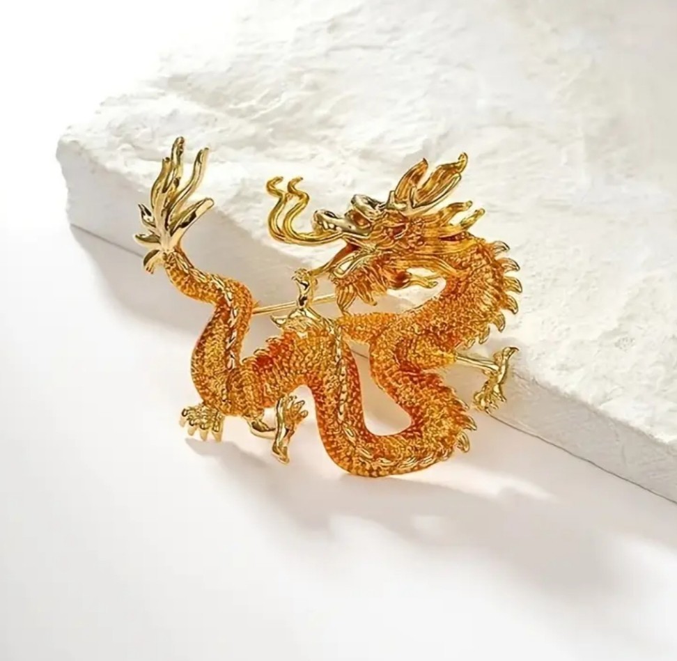 ANCIENT GOLD CHINESE DRAGON ENAMEL BROOCH PIN~HAPPY CHINESE NEW YEAR~ASIAN ART