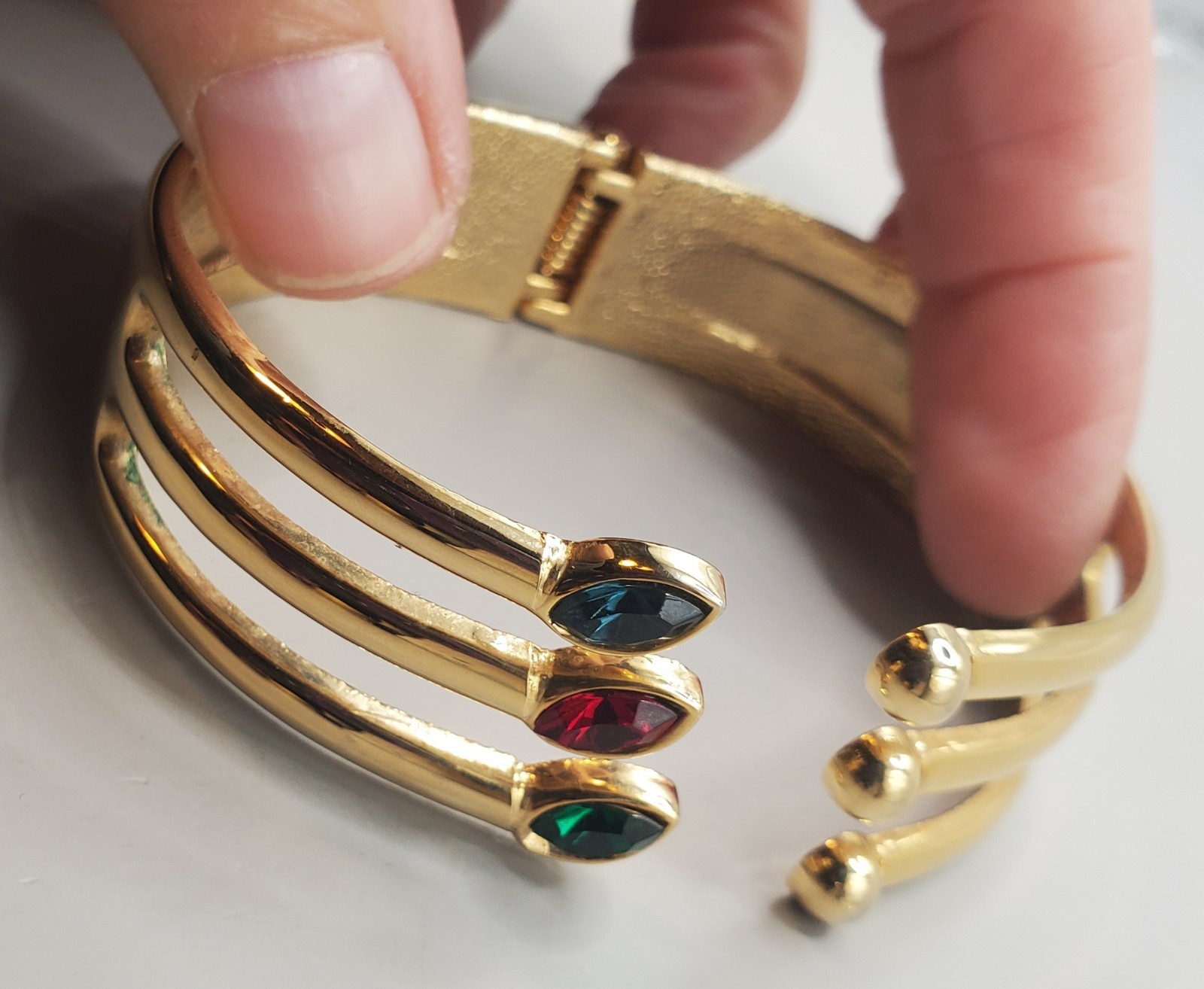 2 Gold Tone Hinged Bracelets: Red Blue Green Rhinestones, CZ Wide Brushed Finish