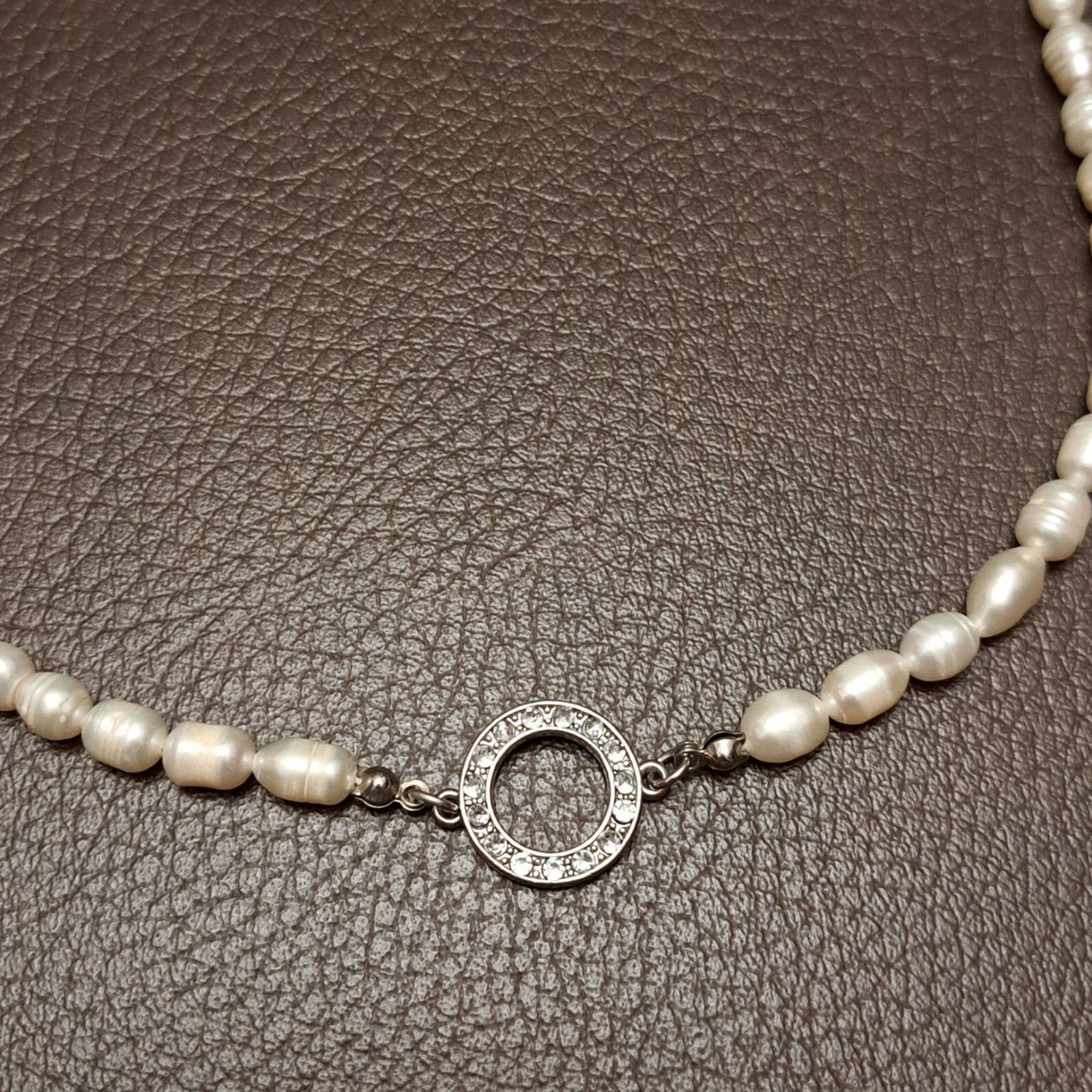 Natural Pearl Necklace With Silver Tone Centerpiece Rhinestones One Strand