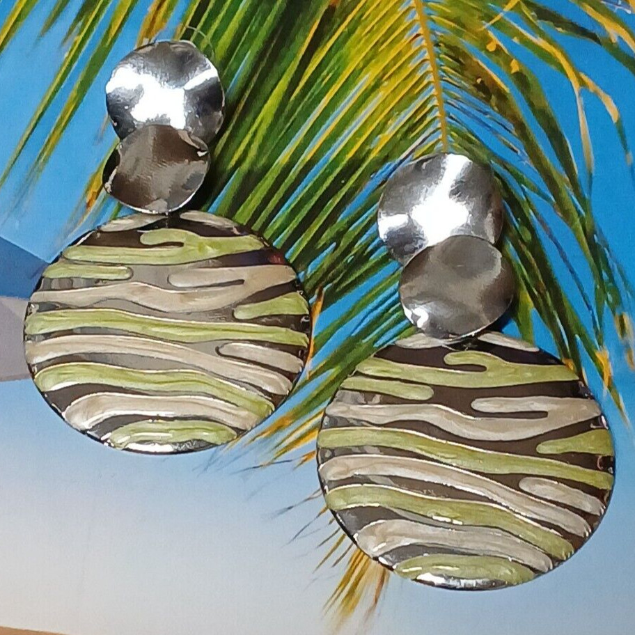 Multi Layer Silver Tone Alloy Disc Earrings with Green and Tan Wavy Design