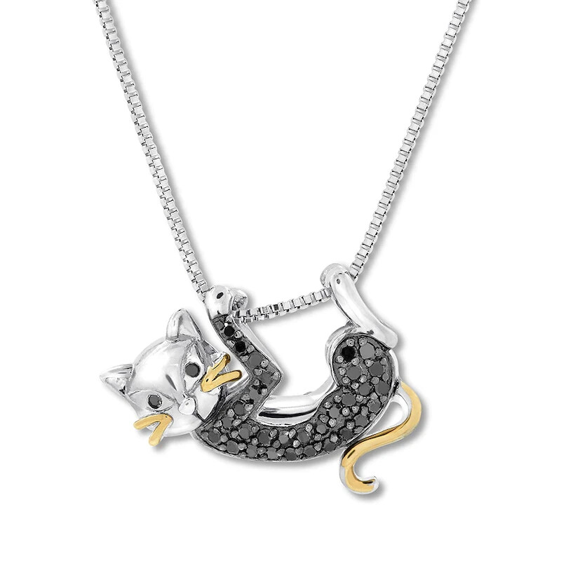 Black Simulated Diamond Cat Necklace 1/5 ct Silver 10K White Gold Plated