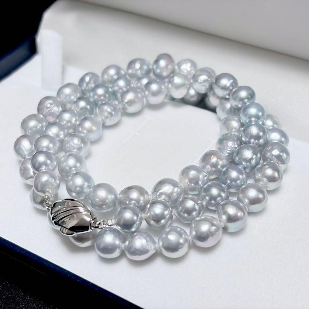 Akoya Pearl Necklace 8.0 9.0mm Natural Blue Gray Silver 16.93in Auth Authentic