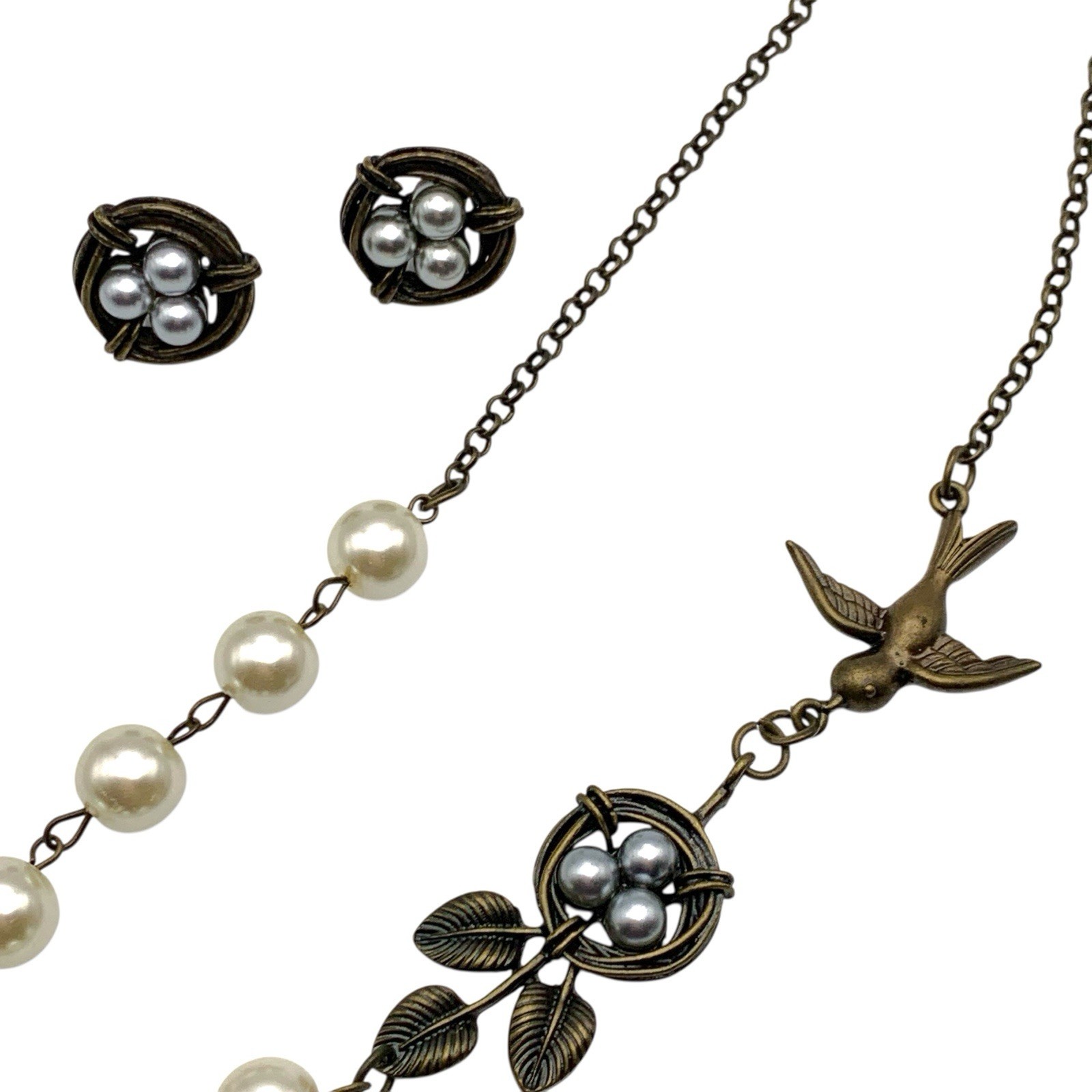 Plunder Bronze Tone 3D Bird Nest Gray Pearl Eggs Necklace And Earrings Set 17”