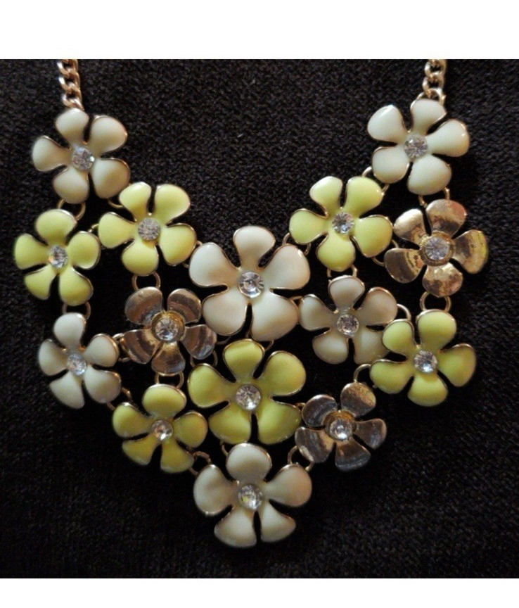 Gold Tone Floral Bib Statement Necklace White Green Enamel Crystal Adjustable
