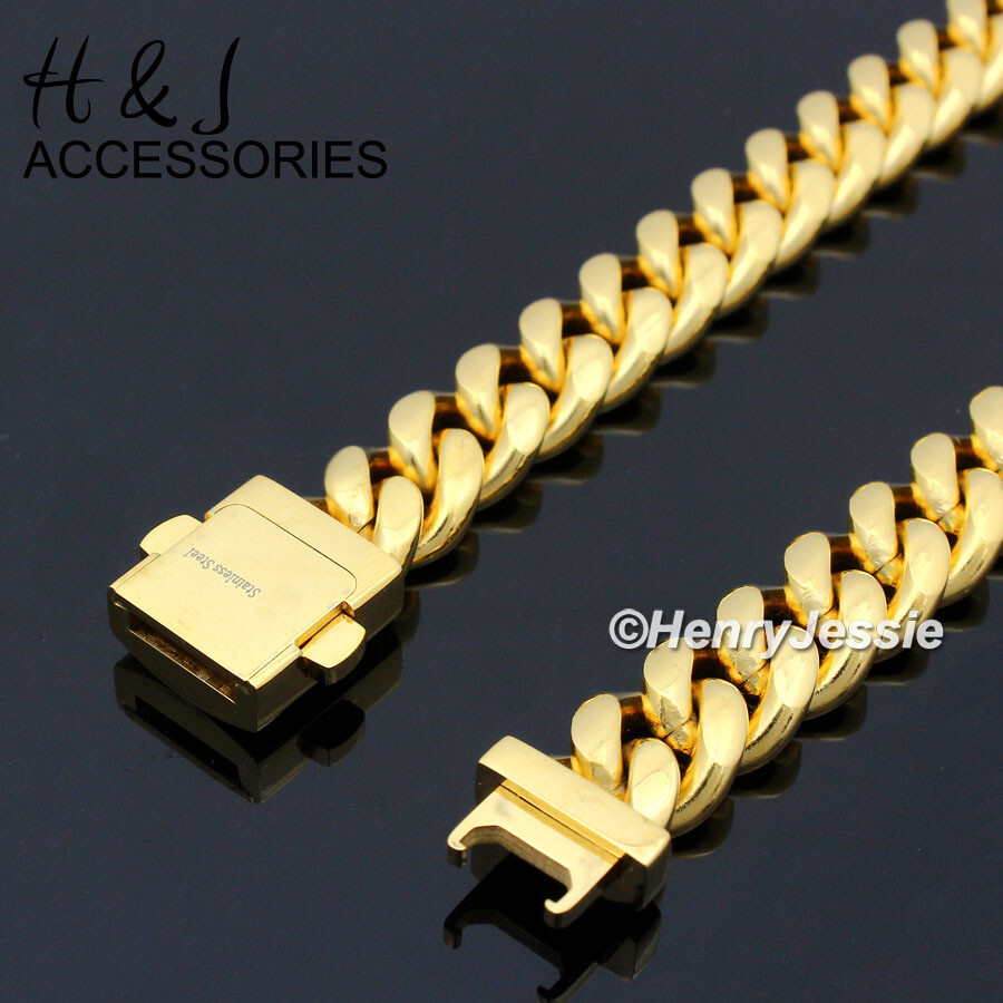 18″-40″Stainless Steel 7/10/12mm Gold Plated ICY CZ Miami Cuban Chain Necklace