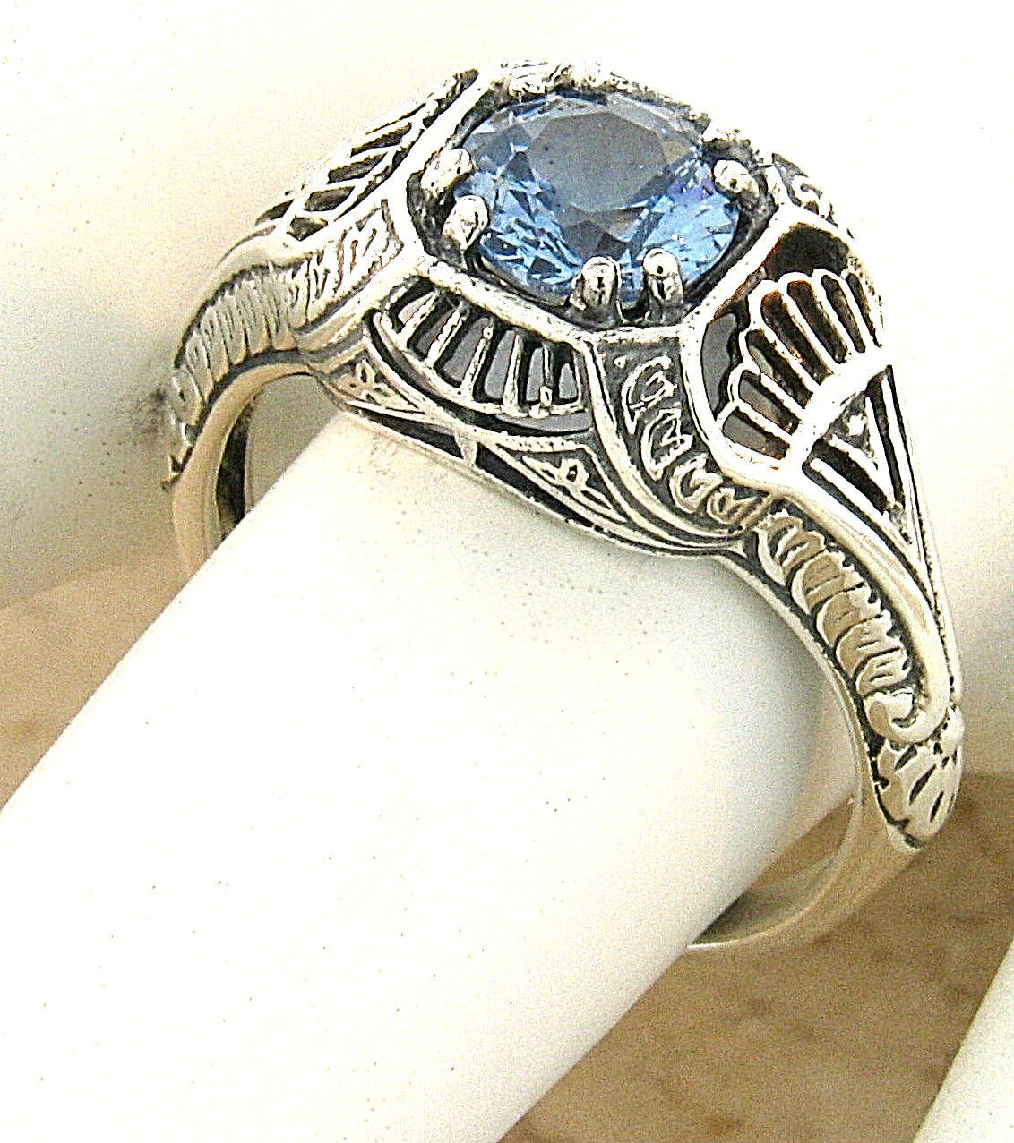 DECO ANTIQUE STYLE 925 STERLING SILVER SIMULATED AQUAMARINE FILIGREE RING #913