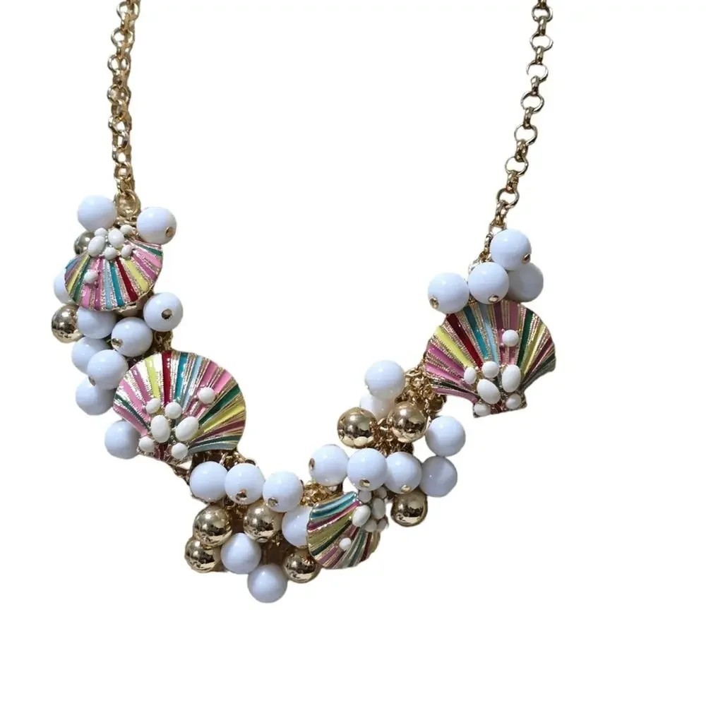 Talbots Multicolor Seashell Charm Beaded Gold Tone Statement Necklace Bib OS