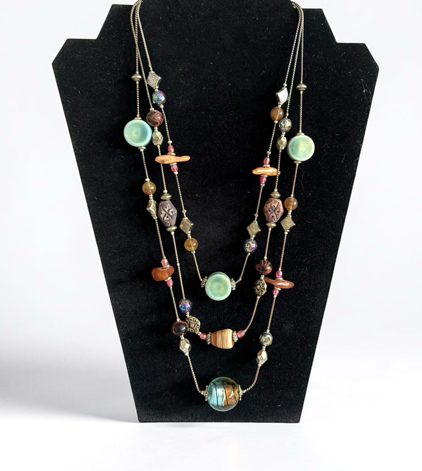 Vintage Boho Triple Strand Beaded Necklace Adjustable Layered Statement Jewelry