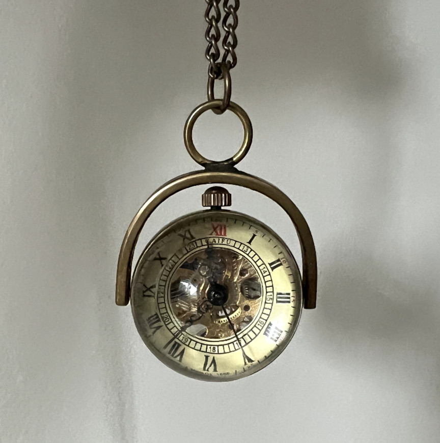 Rare Vintage Necklace Watch Clock Gears Steampunk Heavy Brass Glass Ball Orb