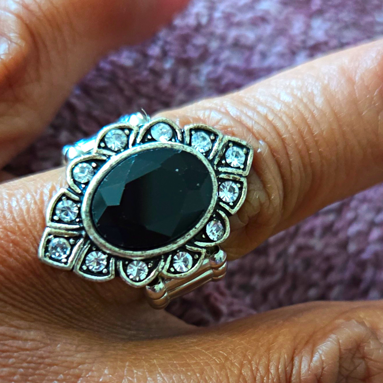 One Size Silver Tone Oval Black Onyx Halo Cocktail Ring, Crystal Accents