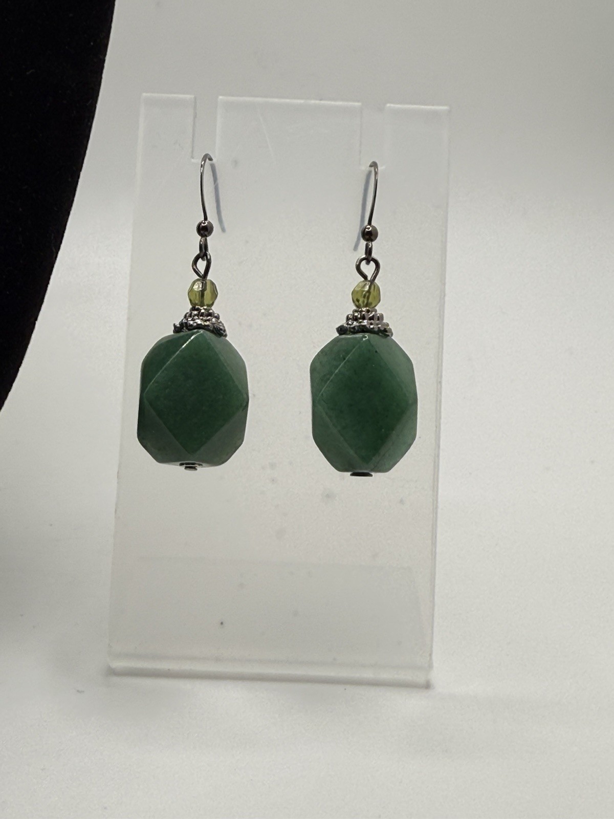 Teal Green Gemstone Aventurine Necklace Earring Set Olive Glass Silver-tone