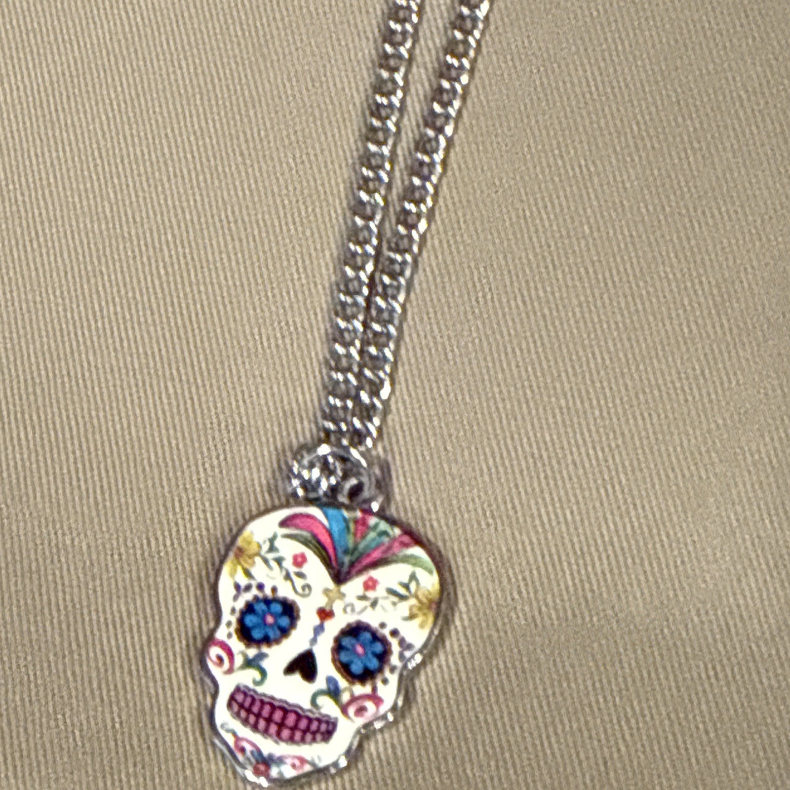 Silver Tone Multicolor Skull Pendant Necklace & Dangle Earrings Jewelry Set