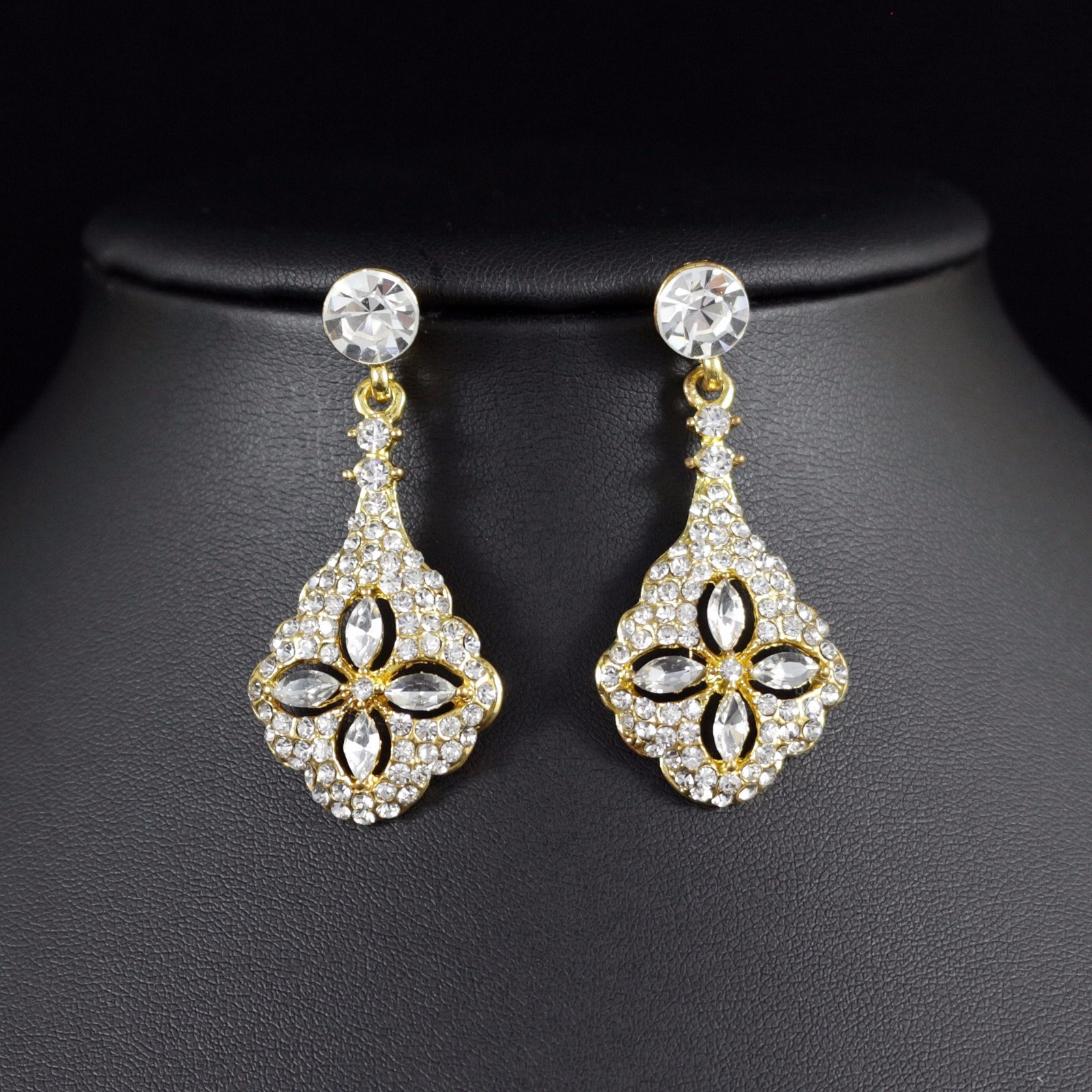 Ice Flower Gold Austrian Crystal Rhinestone Dangle Earrings Bridle Prom E30g