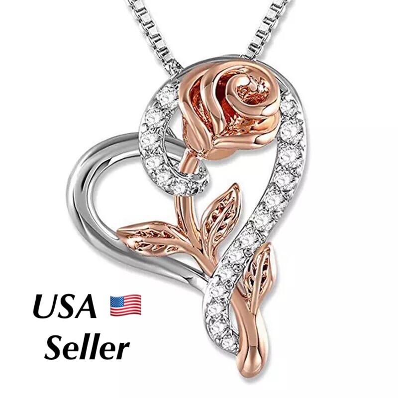 Heart Rose Flower Pendant Necklace Silver Cubic Gift Wife Mom Daughter N175