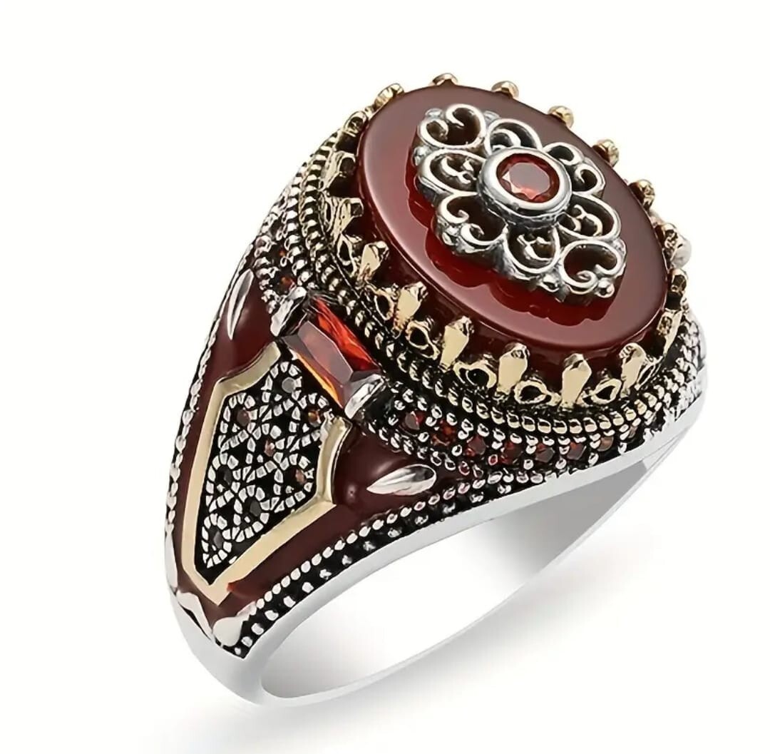 1pc Vintage Silvery Crown Men’s Ring, Engraved Eagle Print Red Synthetic Gemston