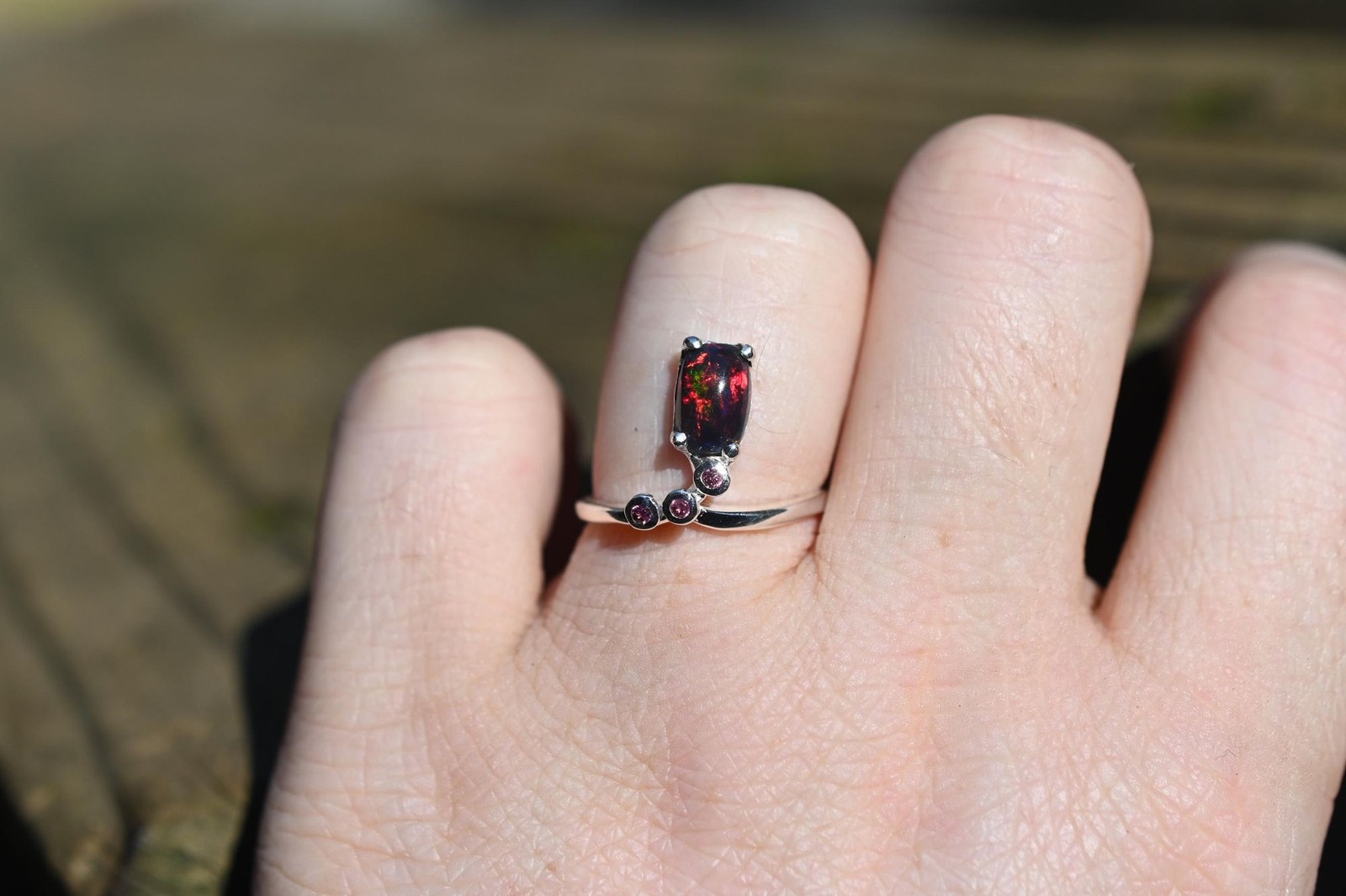Black opal and garnet in sterling silver size 7, 7.35 7.5, 7.75, 8