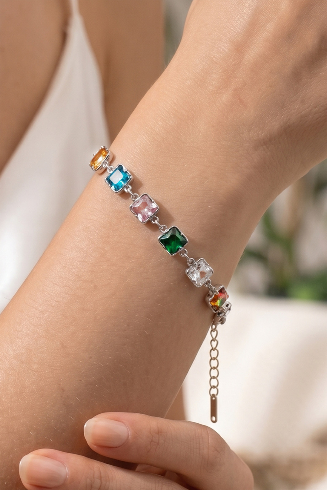 18K Gold Plated Stainless Steel Multicolor CZ Princess Cut Square Link Bracelet
