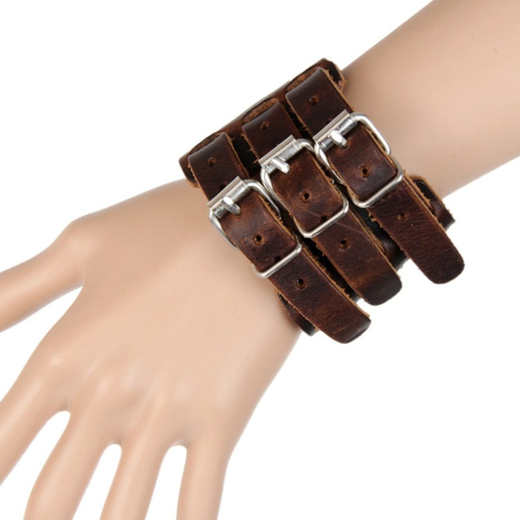 Mens Genuine Leather Wide Triple Strap Cuff Wrap Gauntlet Wristband Buckle Cuff