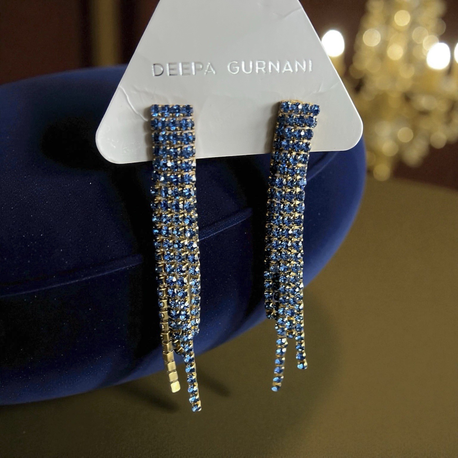Deepa Gurnani Blue Asymmetrical Crystal Fringe Elisa Statement Earrings New