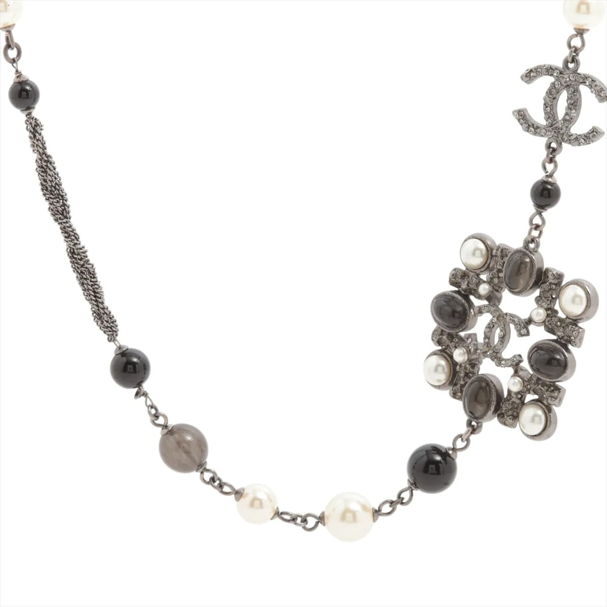 Chanel Coco Mark Necklace GP x cloth silver x black