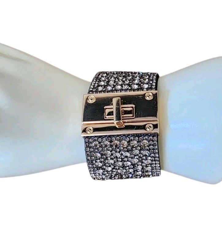 Elegant Champagne Crystal 1 1/2″ Wide Goldtone Buckle Band Wrap Bracelet