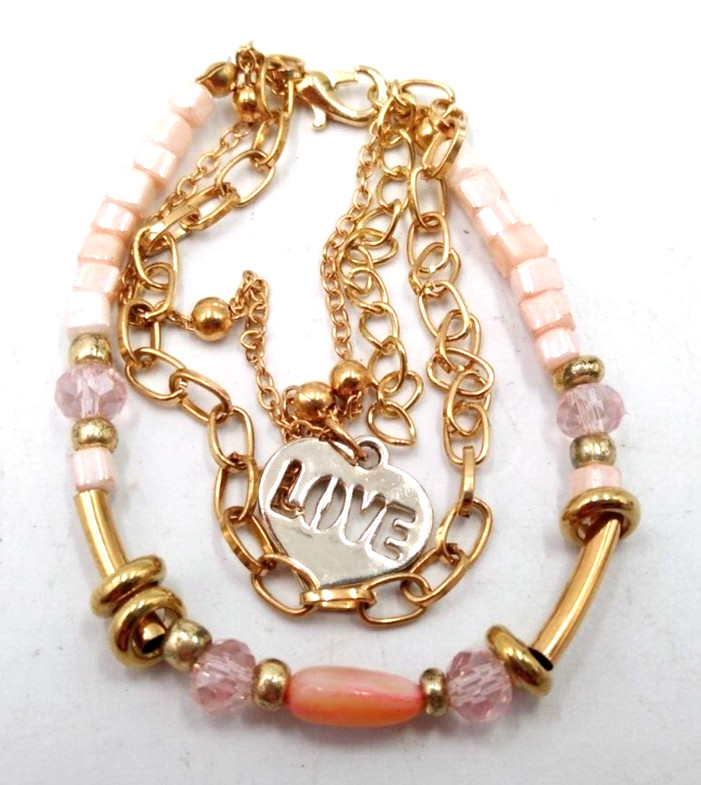 Gold Tone 3 Chains Heart Salmon-Pink Quartz Stone Faceted Beads Bracelet 7″