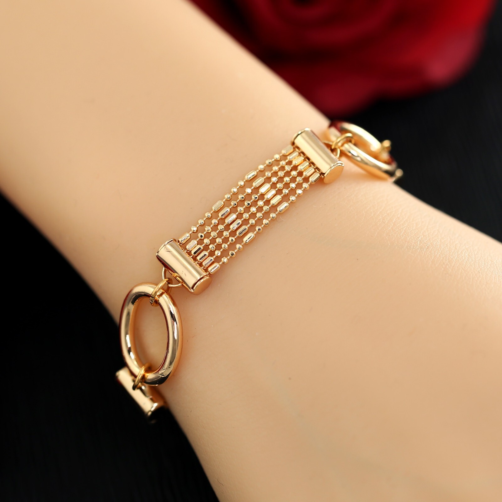 18K ROSE GOLD FILLED MULTI BEADED O LINKS CHAIN BOLT RING BANGLE BRACELET 18.5CM