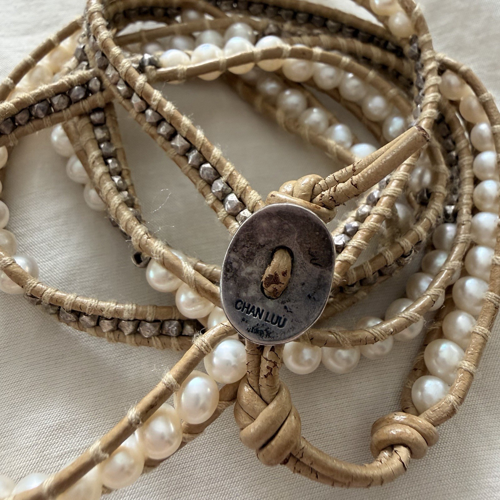 CHAN LUU 5 Wrap Bracelet Pearl & Silver Beads Leather Boho Style