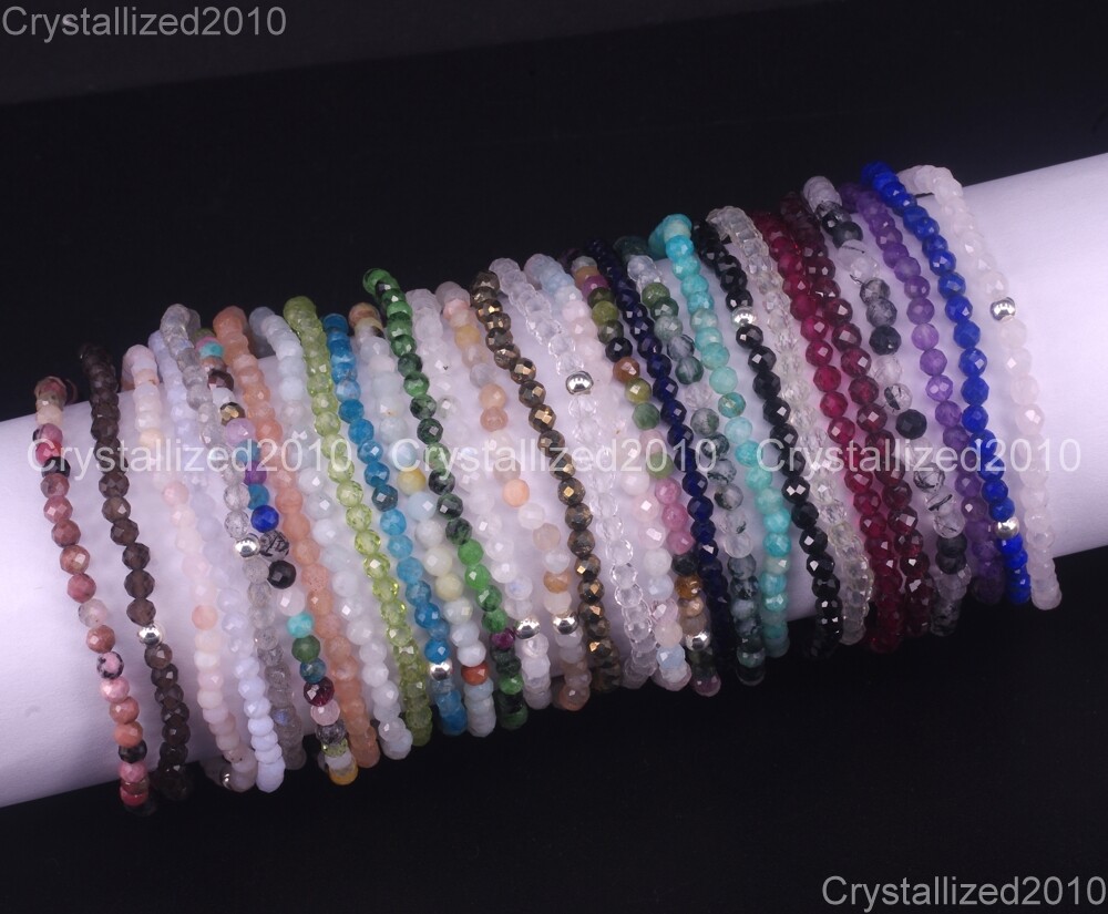 Natural Faceted Round Gemstone 2mm 3mm 4mm Handmade Beads Stretchy Bracelet 925