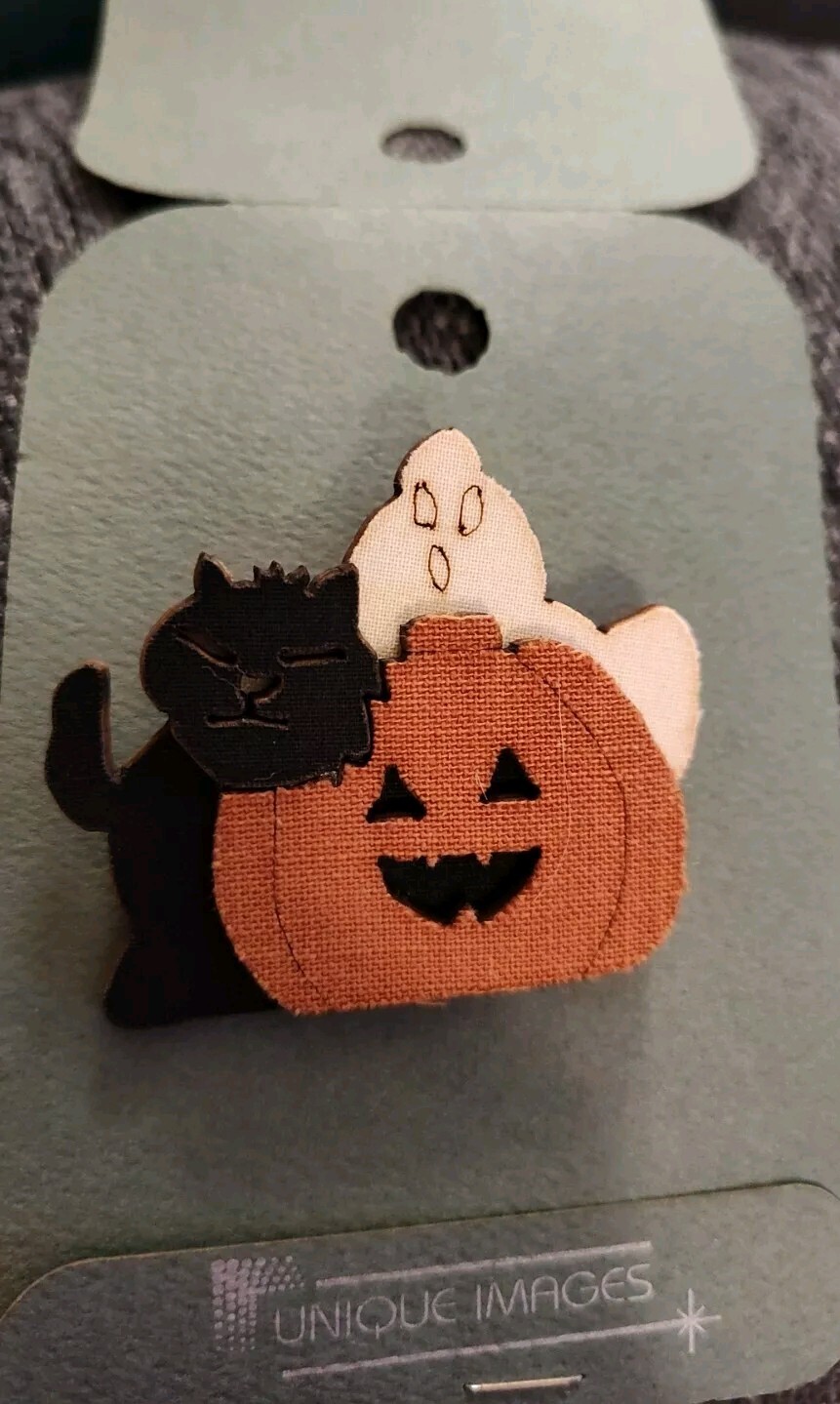 Unique Images 3D Wood & Fabric Ghost Black Cat Jack O Lantern Halloween Pin