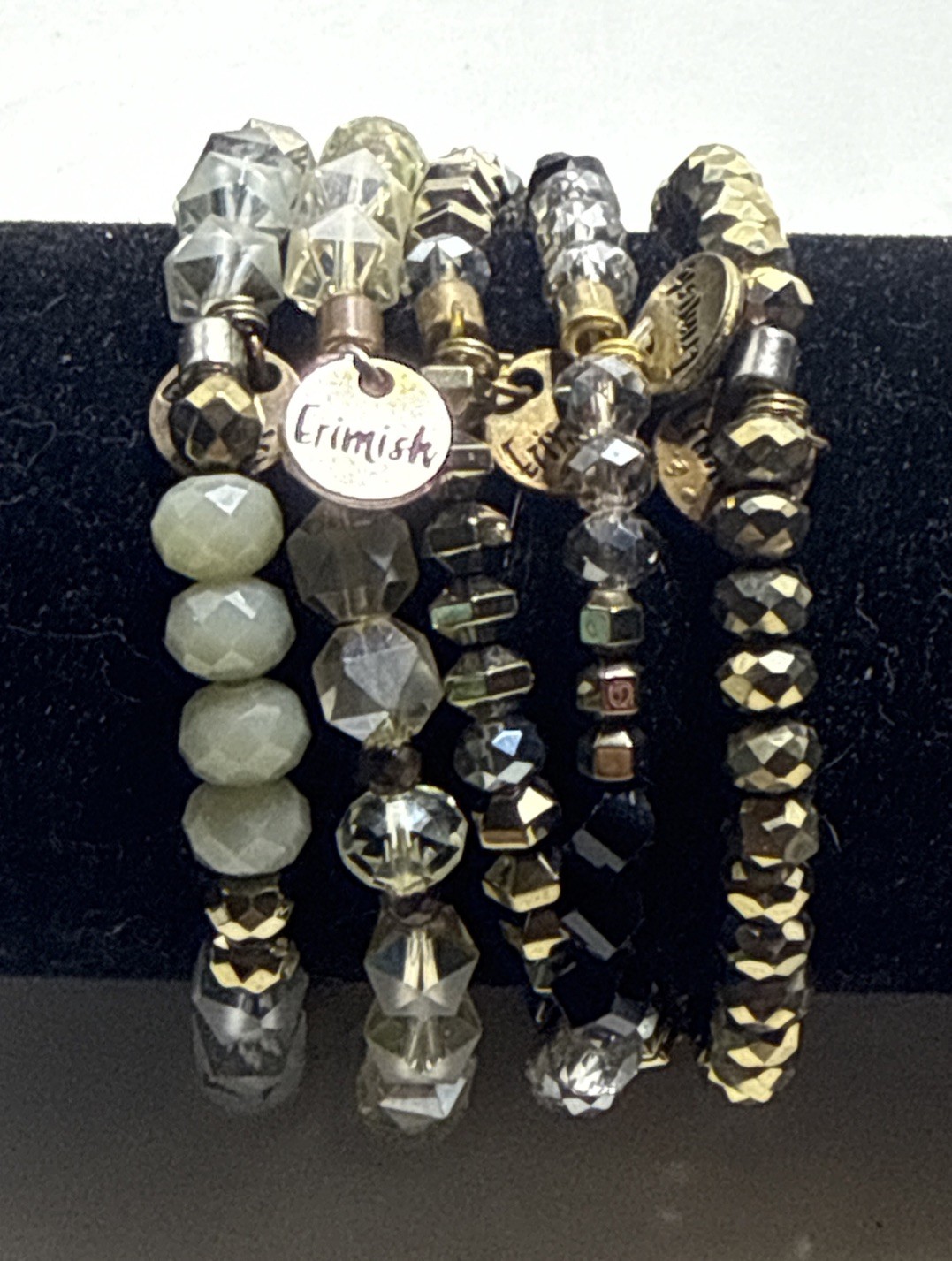 Erimish Beaded Stretch Bracelet Set Lot of 5 Black White Gray Gold Sage Stack