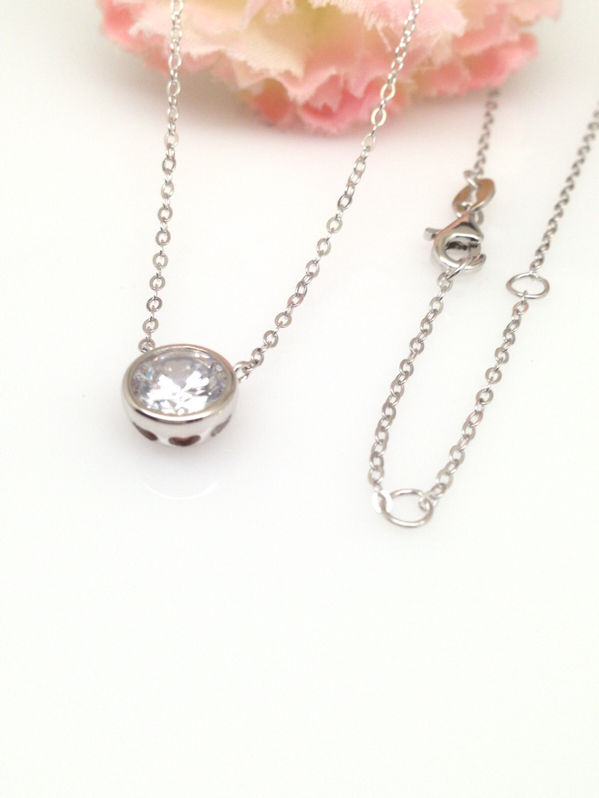 925 Sterling Silver Bezel CZ Round Solitaire Pendant Necklace 1 Ct 16-18″ 7mm