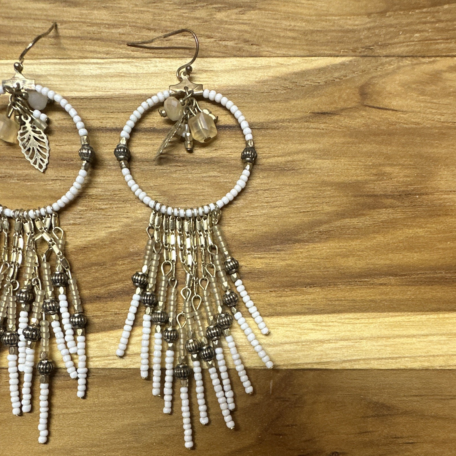 White Gold Beaded Hoop Dangle Earrings Leaf Charms Fringe Tassels Hook