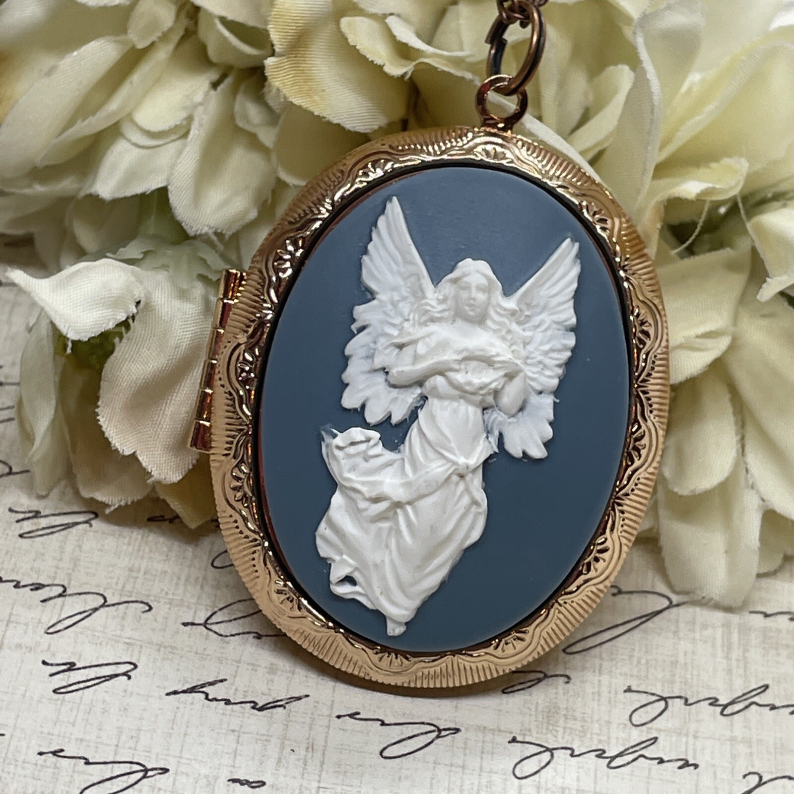 Blue White Angel Wedding Anniversary Birthday Rose Gold gift Bridal Photo Locket