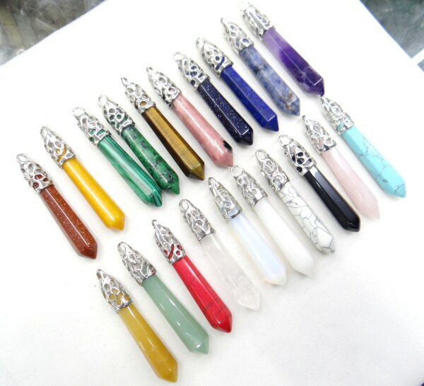 Natural 20pcs Mixed Stone Hexagonal Pillar Pendant Bead Jewelry Making 10x32mm