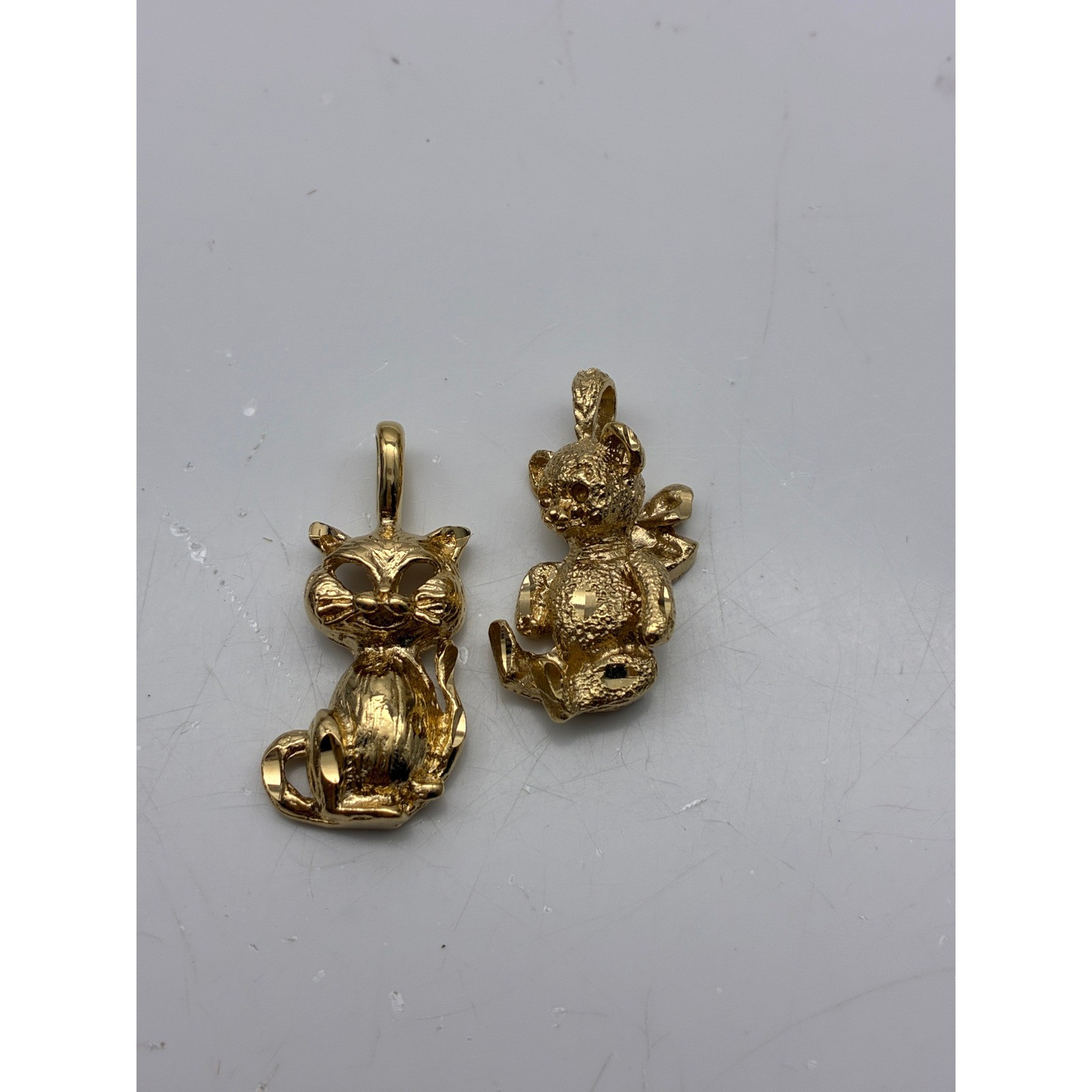 Gold Tone Cat and Teddy Bear Charm Pendant Set Animal Jewelry Lot of 2