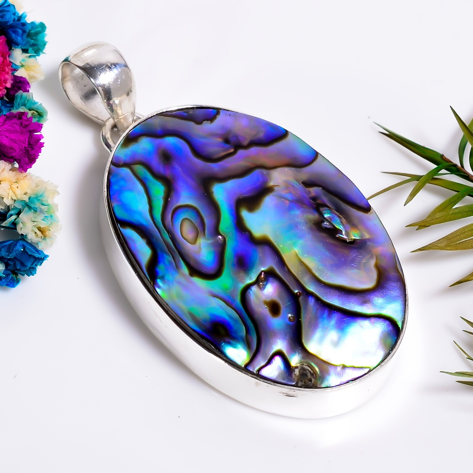Abalone Shell Gemstone Ethnic Handmade Jewelry.925 Silver Pendant
